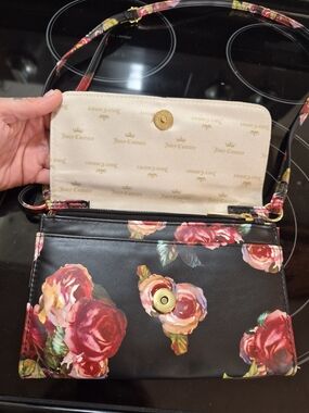 Juicy Couture Black Crossbody Bag with Red and Pink Rose Print